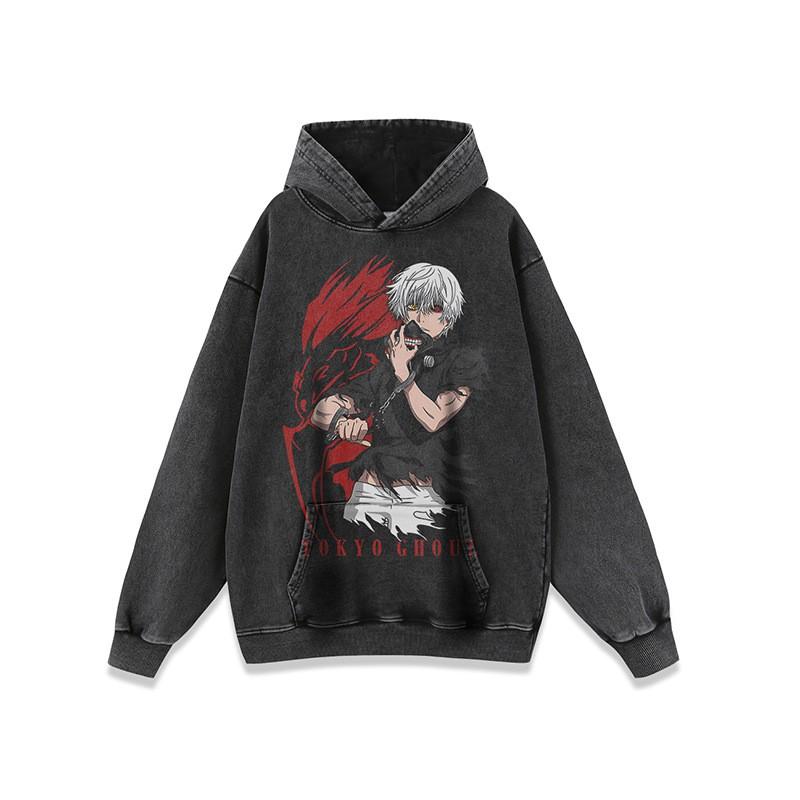 Unisex Oversized Hoodie With Japanese Anime Cartoon Print Washed Vintage Style Loose Fit Long Sleeve Cotton Sweatshirt