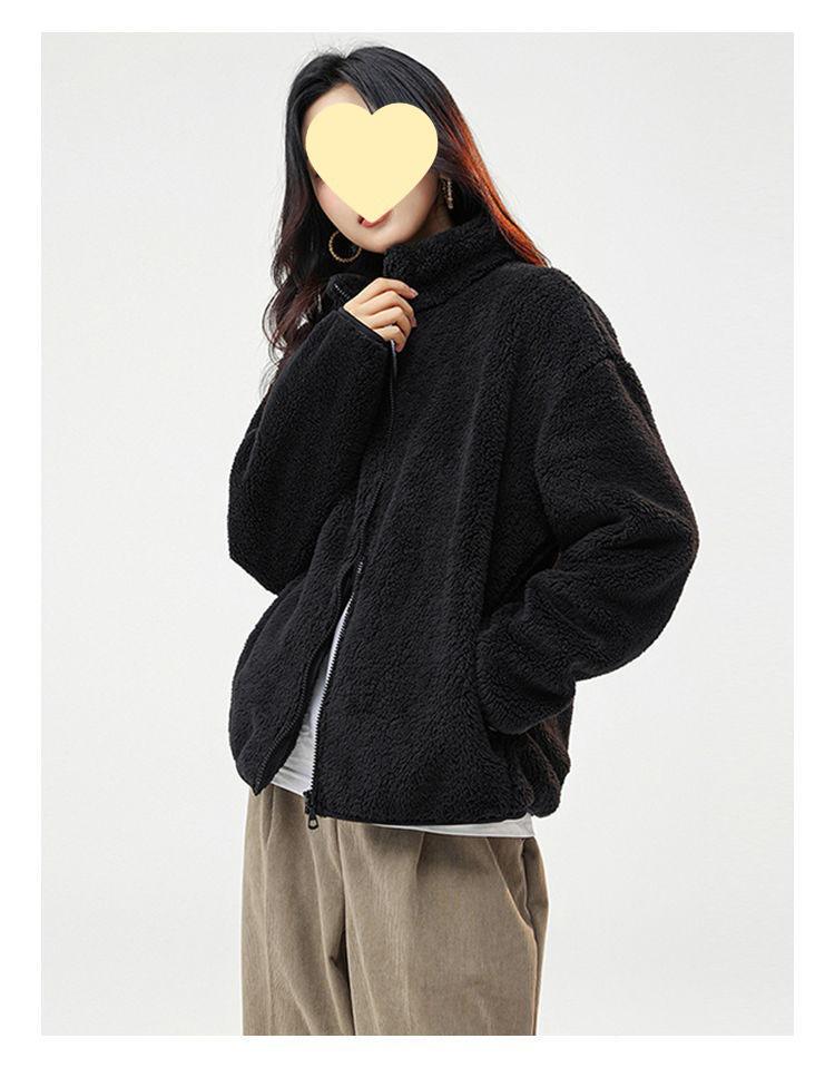2026 Women's Casual Solid Coral Fleece Stand Collar Hoodie Jacket