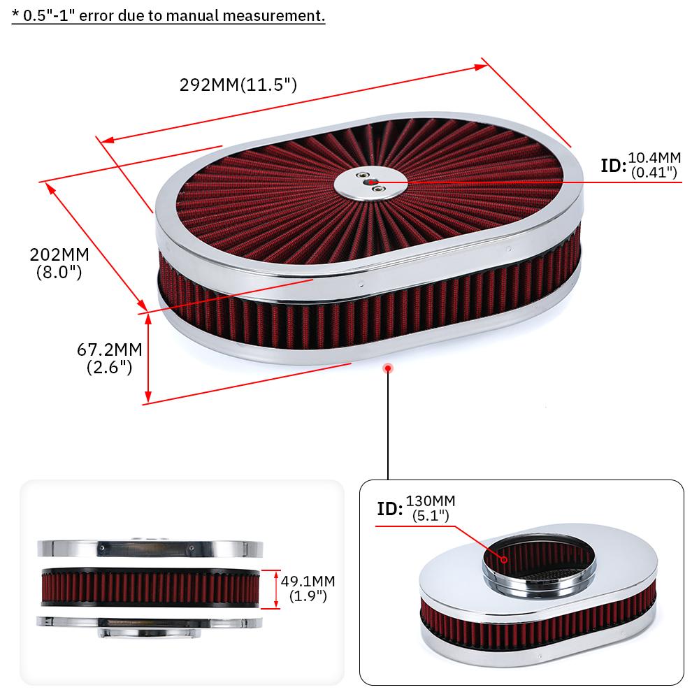 12" x 2" ovale Luftfiltereinheit 5-1/8" Vergaserhals mit Durchflussdeckel High Flow Chrom für GMC Chevy Ford Chryler Dodge
