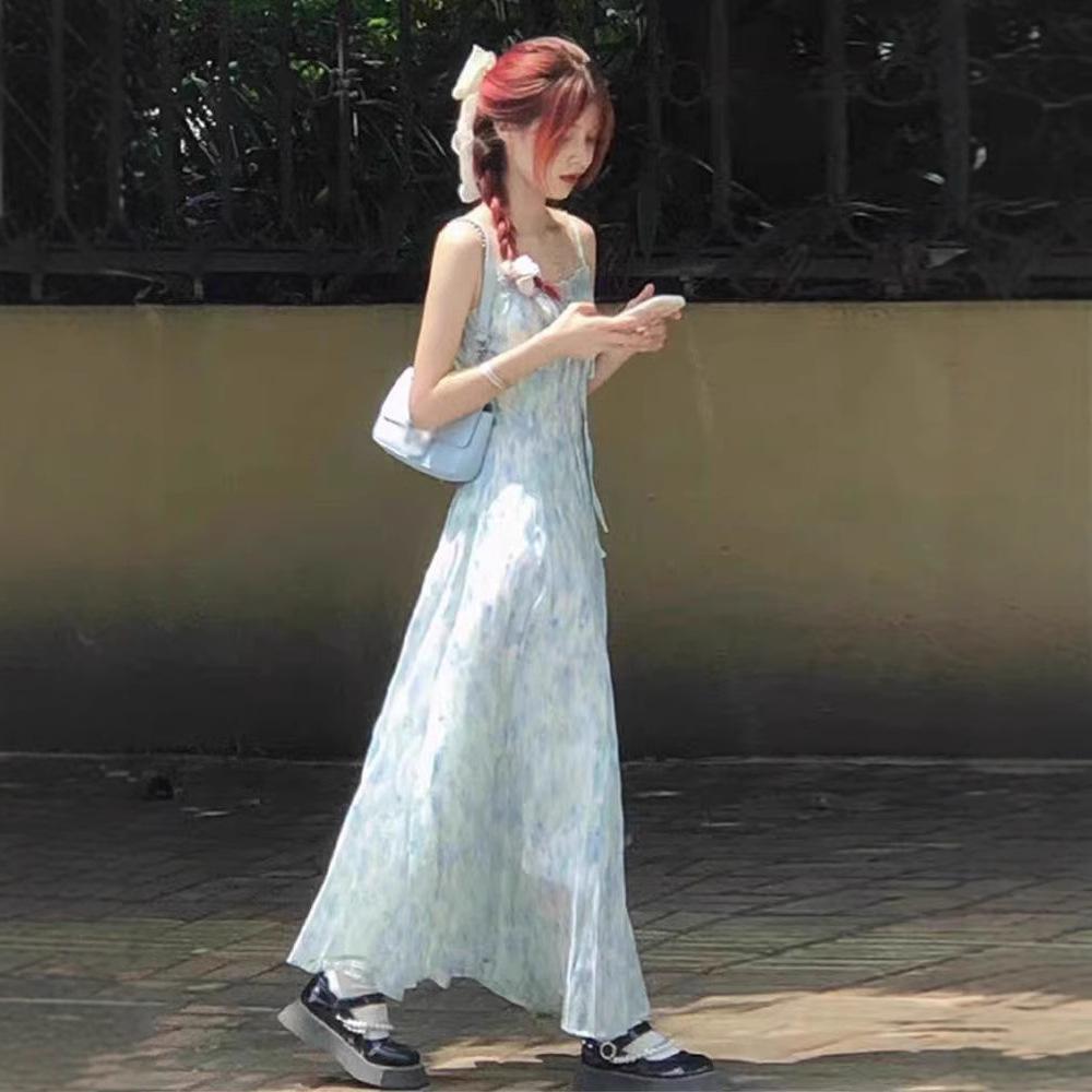 Blue Suspender Floral Dress Women's Summer New High-end Tea Break Style French Temperament Long Dress