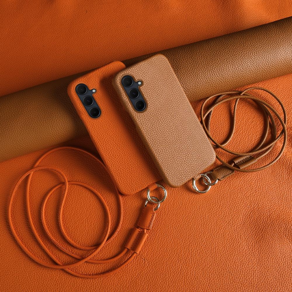 For Samsung Galaxy A35 5G Case with Lanyard Genuine Cow Leather PC Phone Back Cover