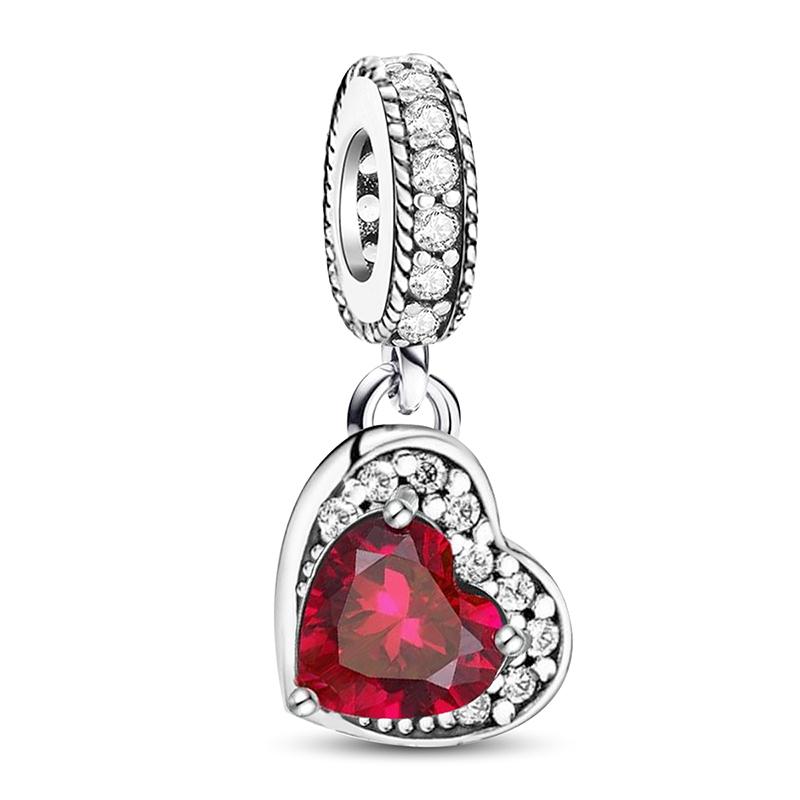 Copper Pendants Zircon Pink Love Heart Charms Beads Fit Original Pan Bracelet Bangles Diy Jewelry For Women