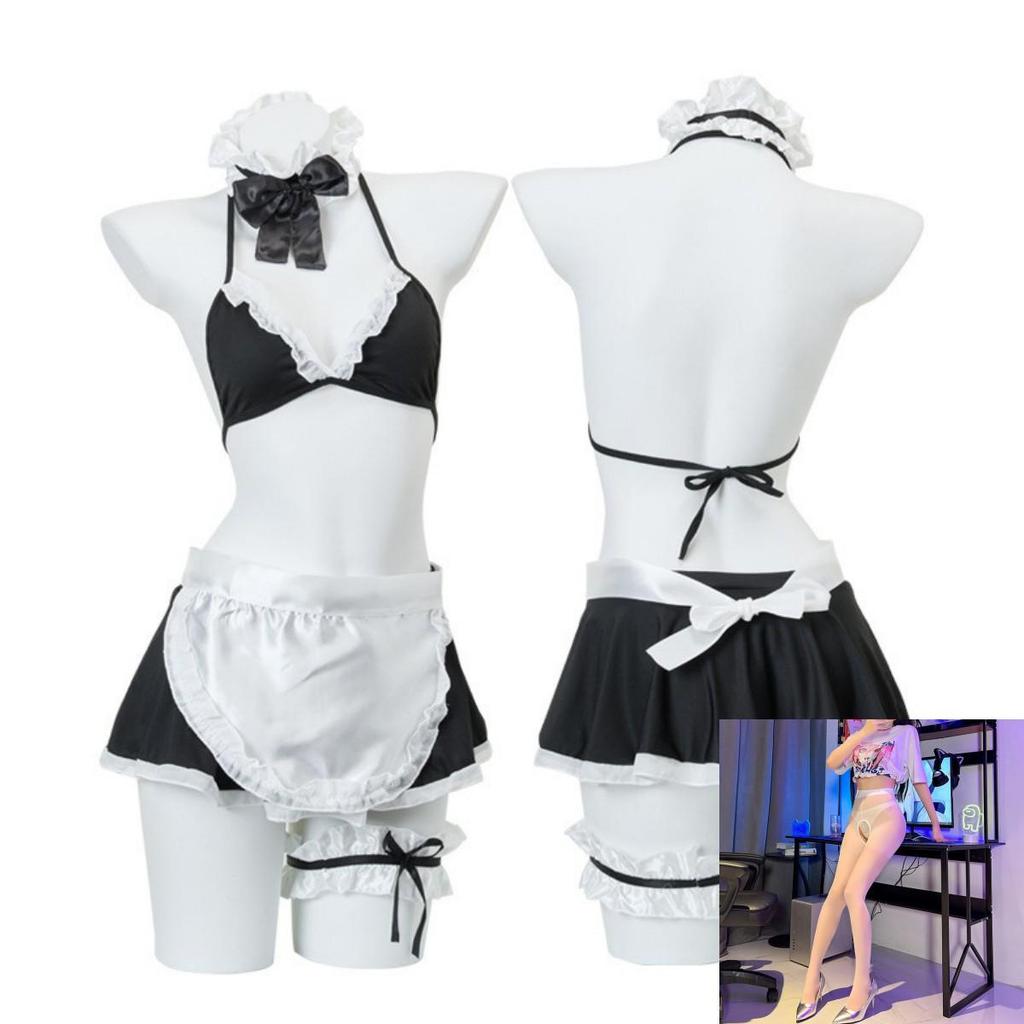 Night Listen Lingerie: Sexy See-Through Maid Role Play Set with Open Crotch, 3-Piece Women's Temptation Uniform