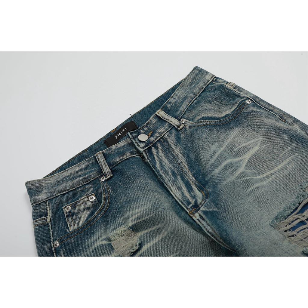 M46 Amiri Pánské a dámské trendy džíny v americkém stylu s látkovými nášivkami, dírami, výšivkou, ležérní a módní high street kalhoty
