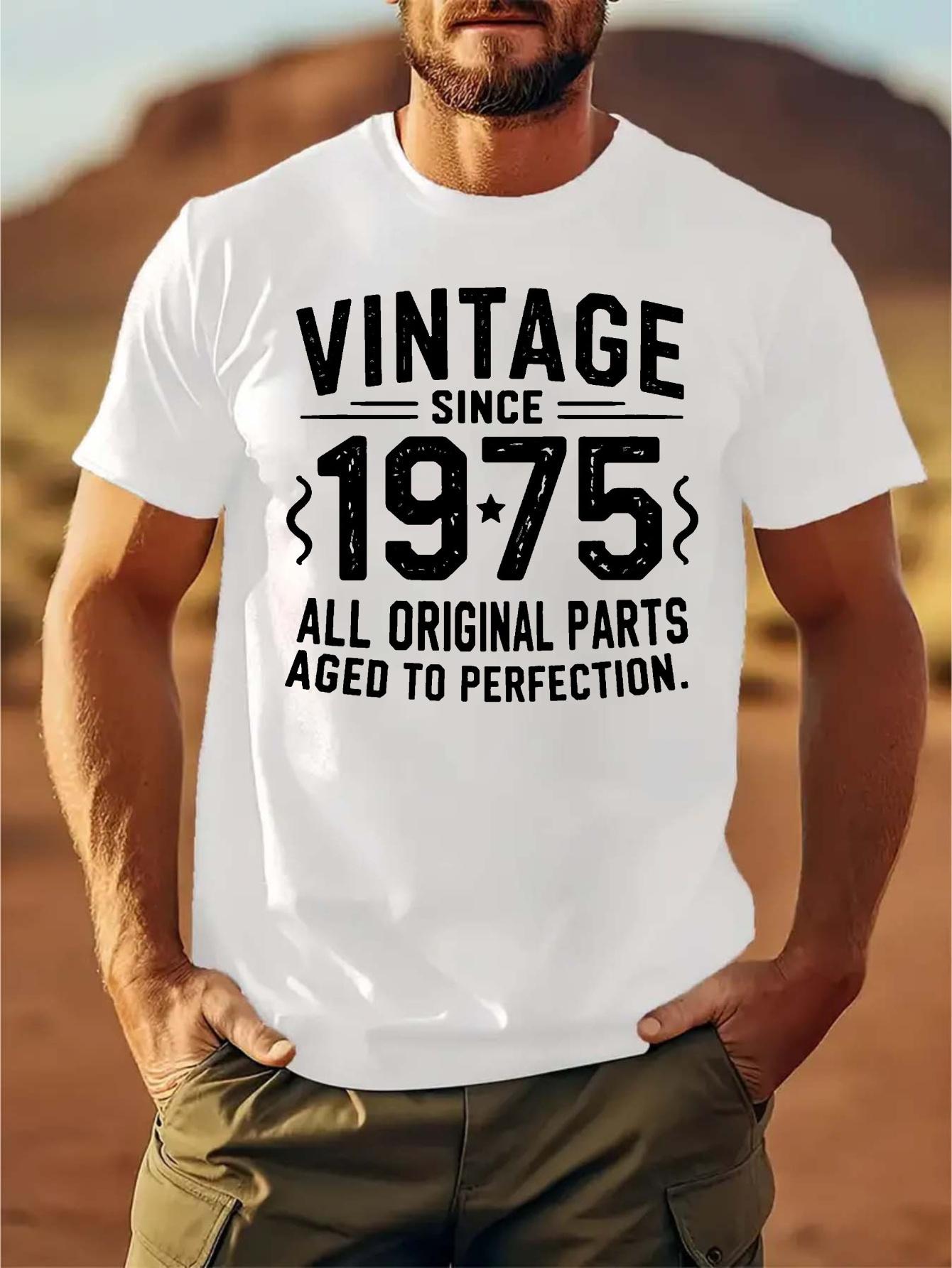 

lie Vintage 1975 Retro Graphic T-shirt - White Tee with Bold Black Text - Soft Cotton Blend Crewneck Shirt - Stretch Knit Fabric for Gym XL
