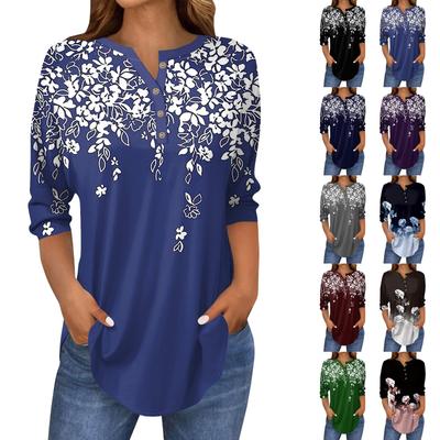 3/4 Length Sleeve Womens Tops Summer T-Shirts Floral Print V Neck Casual Basic Tee Button Shirts Tunic Tops
