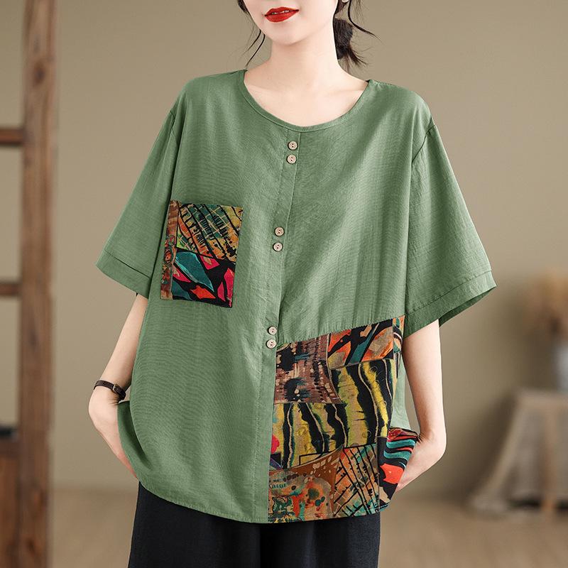 

Модные футболки с принтом, с круглым вырезом и коротким рукавом, женские, летние, больших размеров, свободные, повседневные, с пуговицами, топы-футболки, женские 2025 M зелёный