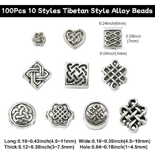 KitBeads 100Pcs 10 Styles Tibetan Chinese Knot Round Beads Metal Celtic Knot Square Rectangle Spacer Beads for Jewelry Making Bracelets Earrings