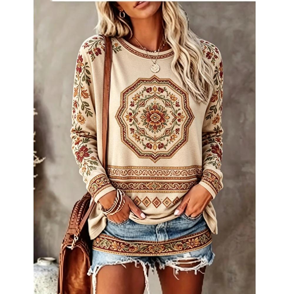 Women Crew Neck Long Sleeve T‑Shirt, Boho Mandala Ethnic Floral Print Casual Loose Pullover Tops