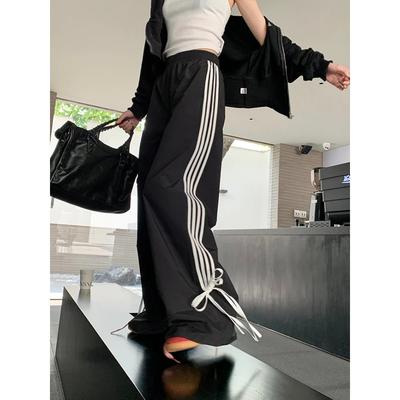 Bow Casual Pants Women's Loose Striped Design Wide-leg Trousers