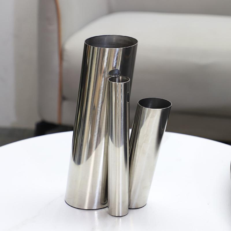 Vaso artistico in tubo tondo di acciaio inossidabile creativo per composizioni, Decorazione per soggiorno, Contenitore per composizioni di fiori secchi da scrivania