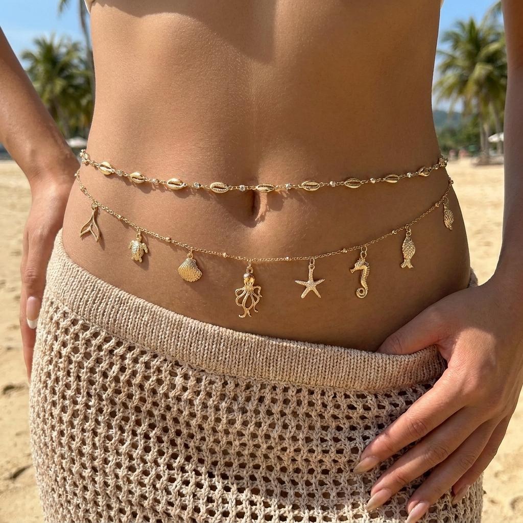 Fashion Bohemian Waist Chain For Women Beach Starfish Shell Seahorse Turtle Octopus Pendant Bikini Waist Party Body Jewelry