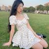 Waist one-word neck bubble sleeves fluffy princess dress summer new Zhizhi grape gentle girl floral dress