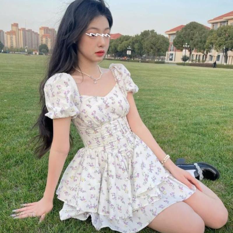Waist one-word neck bubble sleeves fluffy princess dress summer new Zhizhi grape gentle girl floral dress