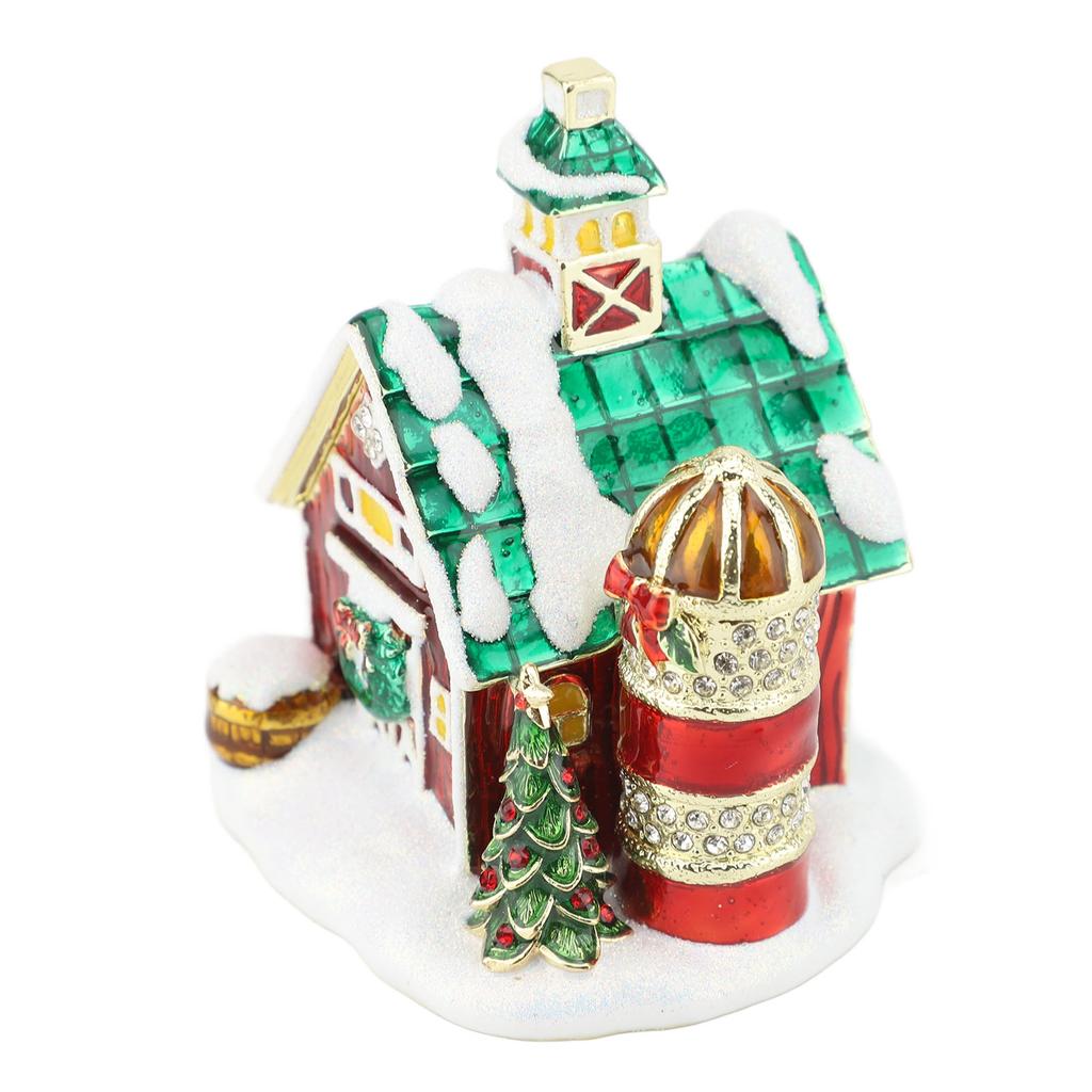 Xmas House Figurine Trinket Box Hinged Collectible Rhinestones Jeweled Painted Enameled Jewelry Ring Holder Box