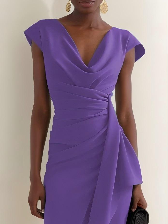 

2026 Евро-американский Шик Однотонное Платье Миди с Воротником-кейпом, Плиссировкой и Короткой Рукавой, Прилегающее, Формальное Extra Large фиолетовый