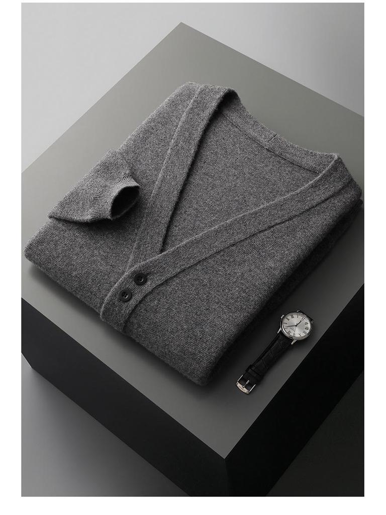 Men's V-Neck Pure Wool Cardigan, Plus Size, Middle-Aged & Elderly, Loose Fit, Solid Color, Casual Knit Outerwear for Autumn & Winter.