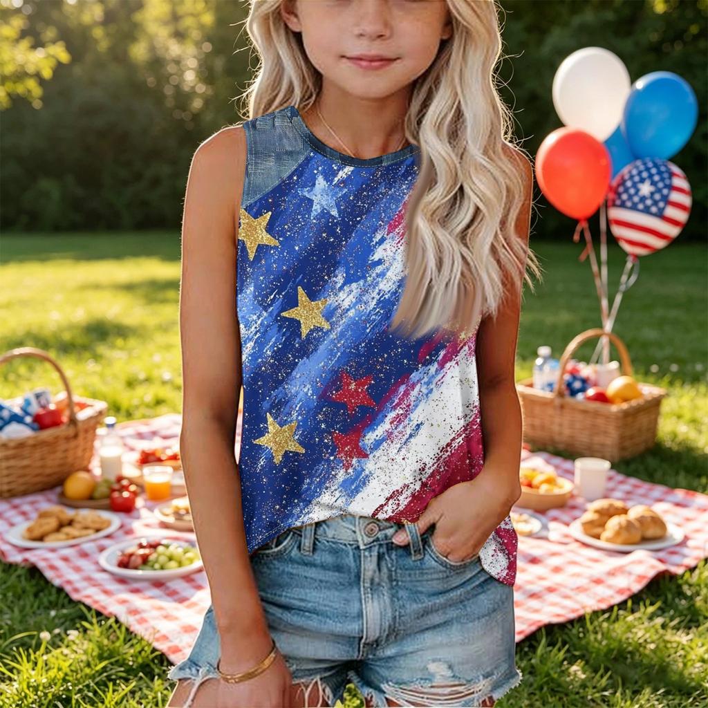 Sleeveless Loose Fit Tank Top for Women Round Neck Denim Patchwork American Flag Print Summer Casual Shirt