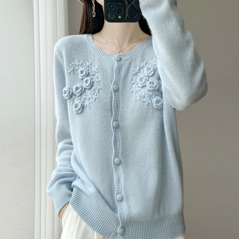 2025 Autumn French Chic 3D Round Neck Pure Wool Knit Cardigan