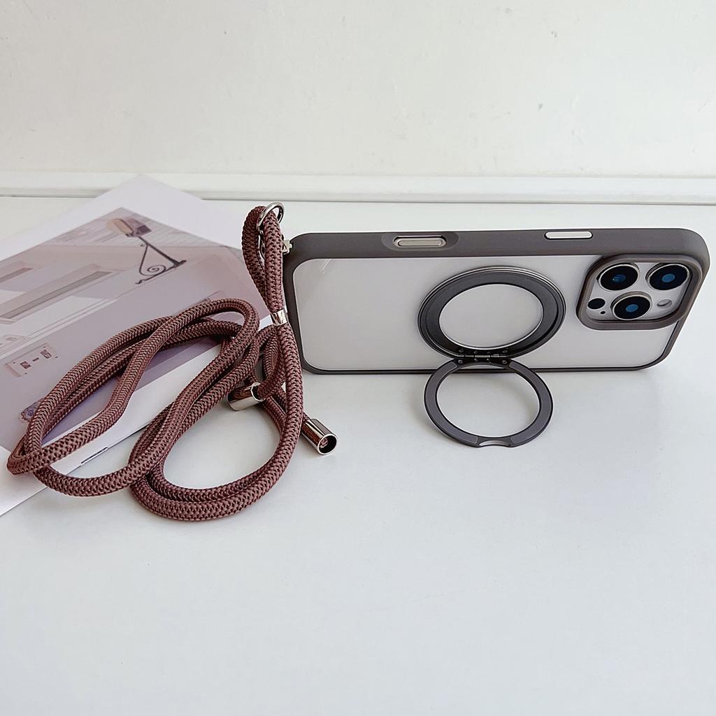 For iPhone 15 Pro Max Case Compatible with MagSafe Rotatable Kickstand PC+TPU Phone Cover with Lanyard