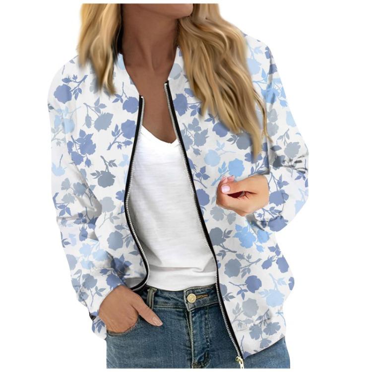 Fashionable Women Long Sleeve Casual Jacket Floral Leaf Print Round Neck Zipper