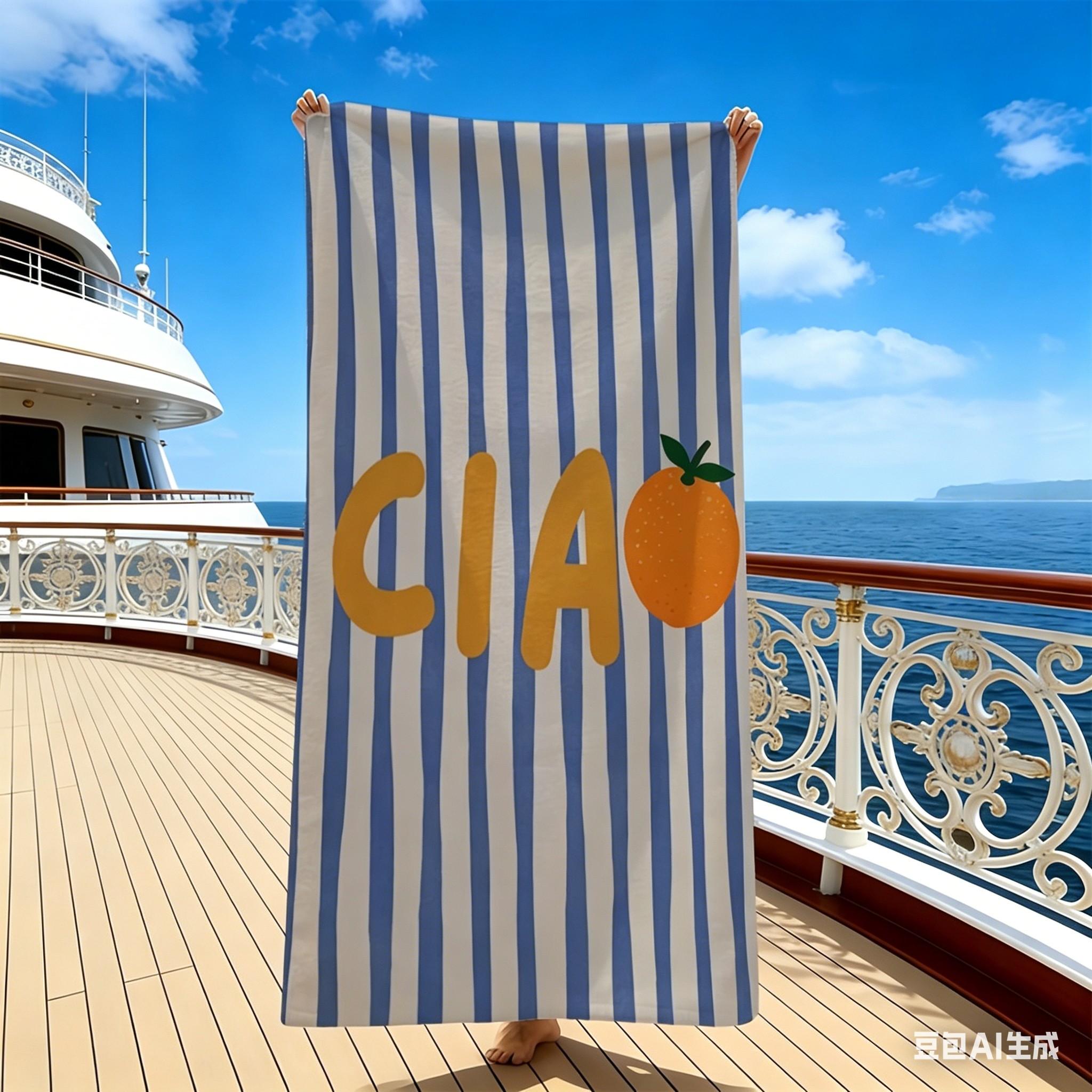 Italian Ciao Print Beach Towel Summer Towel Blue White Striped Pool Towel Large Microfiber Beach Towel Mediterranean Style Mat 50x100cm