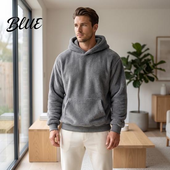 Men Thermal Sweatshirt Plush Hoodie Teddy Fleece Pullover with Kangaroo Pocket Loose Winter Cold Weather Clothing Fit Fuzzy Warm Jumper for