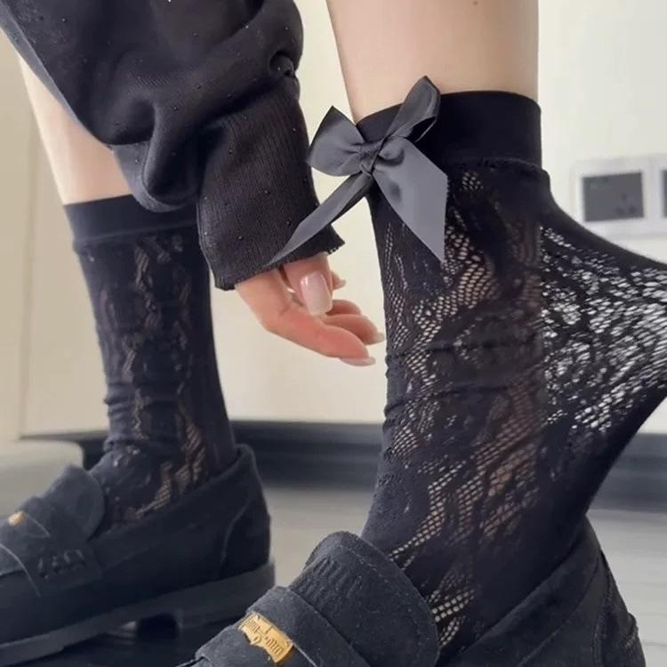 Summer Thin Lace Sexy Hollow Stacking Socks Bow Tie Niche Retro Ballet Calf Socks