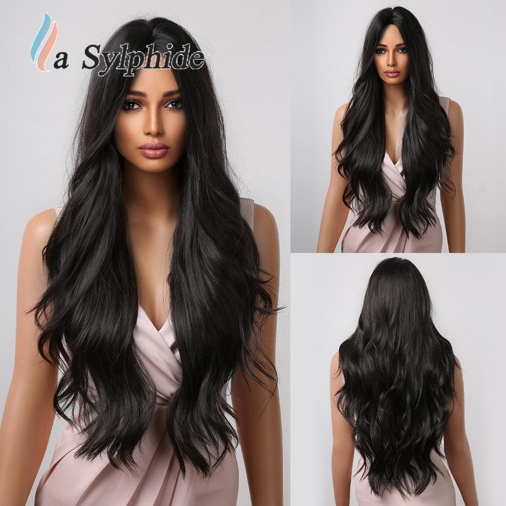 Women's Full Head Wig, Brown Gradient Middle Part Long Curly Synthetic Hair, Machine‑Made, Can Be Tied Into Bun