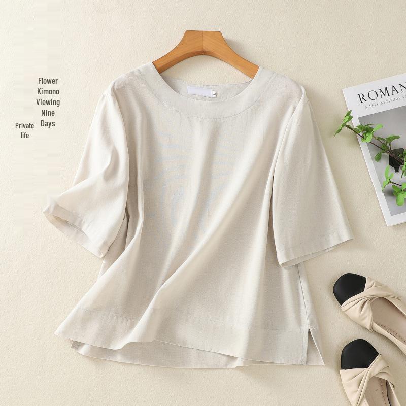 

2026 Elegant Retro Literary Hemp T-Shirt: Women s Loose Mid-Sleeve, Round Neck Design 2XL светло-серый