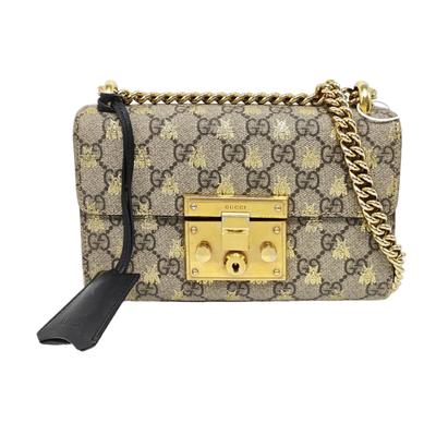 [Pre-Owned] Padlock Metal Lock Bee Print Vintage Logo Canvas And Leather Lock Clutch Box Chain Crossbody Shoulder Bag - Good #1RNODNZ
