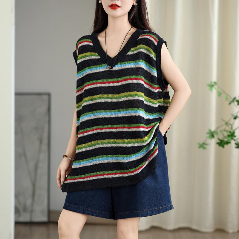 Dimanaf 2025 Summer Plus Size T-Shirt Knitting V-Neck Stripe Vintage Women Sleeveless Loose Tops Tees