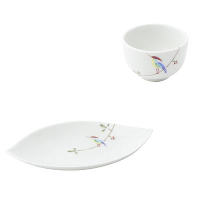 Nishikai Pottery Hasami Ware Pottery Blue Teacup and Plate Set with Branch and Bird Design, Made In Japan