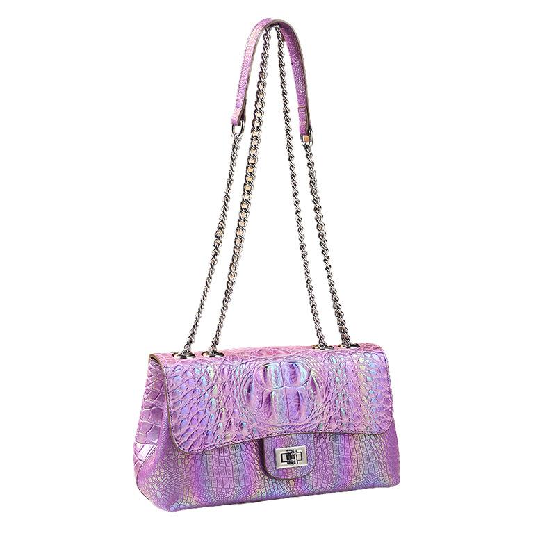 White Crocodile Pattern Women's Bag Big Brand Lock Small Square Bag Fashionable Shoulder Crossbody Bag Chain Bag