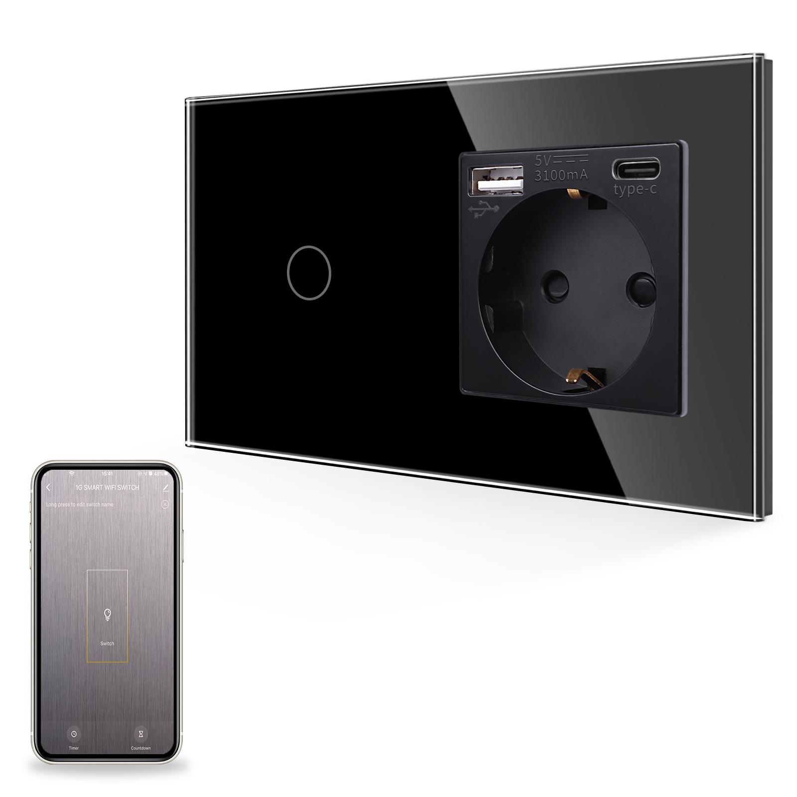 

Розумний перемикач ЄС із розеткою USB Настінна панель із кришталевим склом 16a Тип-c Інтерфейсна розетка 157 мм Вилка із заземленням Socket No WIFI-WiFi 1gang чорний