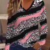 Casual Vacation Abstract Painting Leopard Print, Striped Graphic, V-Neck Long Sleeve T-Shirt, Casual Shirt
