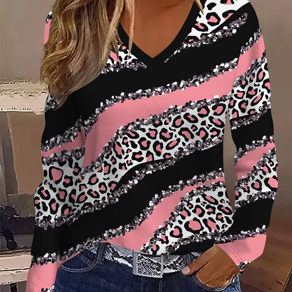 Casual Vacation Abstract Painting Leopard Print, Striped Graphic, V-Neck Long Sleeve T-Shirt, Casual Shirt