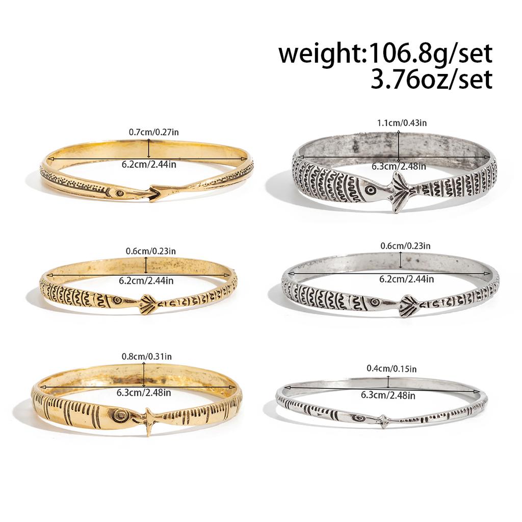 Salircon 6 Pcs/set Vintage Metal Stacked Bangle Women Ethnic Style Fish Pattern Symbol Bracelet Party Accessories Jewelry Gifts