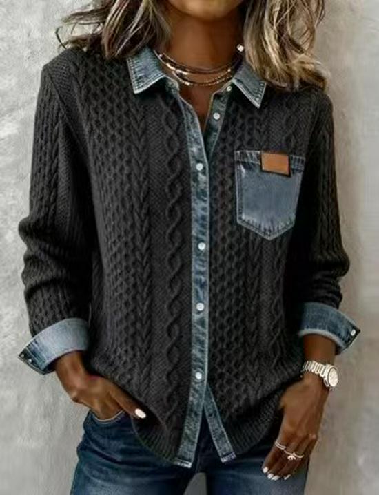 European Style Patchwork Denim Knit Cardigan - Women's Versatile Long Sleeve Shirt for Autumn/Winter 2025