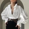 Court style pure cotton wrinkled white shirt women's 1116 spring high-end loose v-neck bubble sleeve long-sleeved top