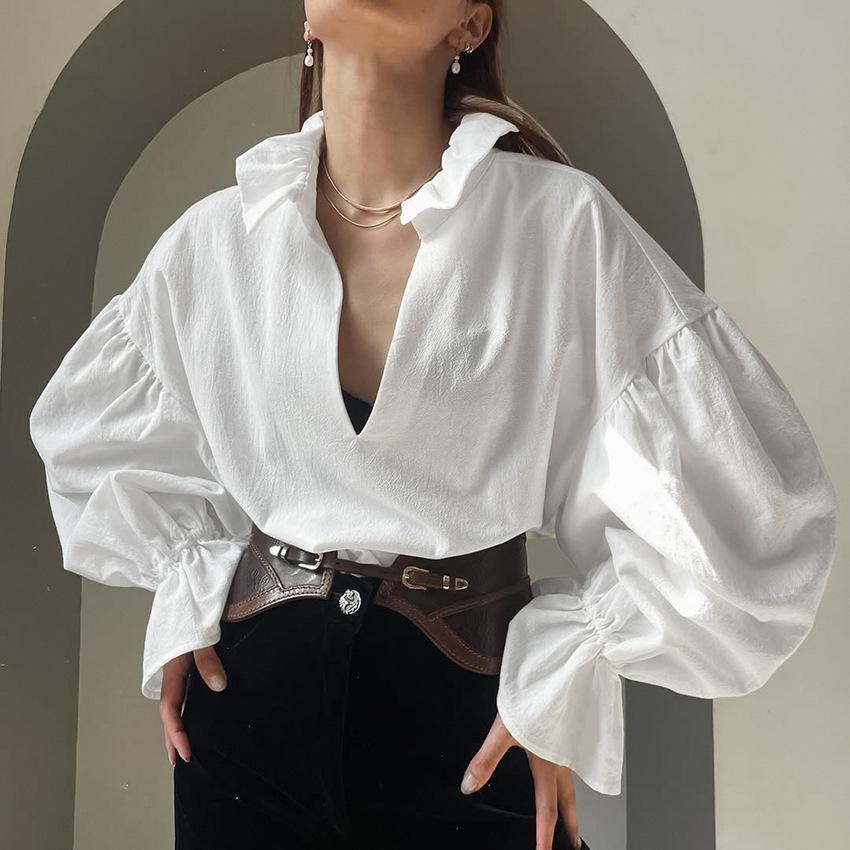 Court style pure cotton wrinkled white shirt women's 1116 spring high-end loose v-neck bubble sleeve long-sleeved top