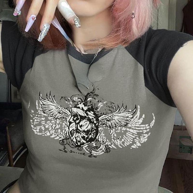 Harajuku Graphic Crop Top Stitched Short Sleeve Vintage Print T-shirt Summer Grunge 2000s T Shirts for Women Y2k Fashion