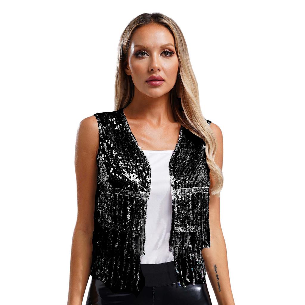 Damen 70er Jahre Disco Cowgirl Weste S-XL: Glänzende Pailletten-Weste mit Fransen, Offene Vorderseite, Vintage Western Party Kostüm