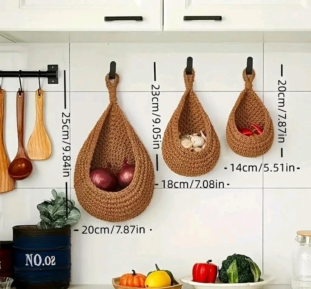 

3Pcs Boho Macrame Wall Hanging Baskets - Linen Storage Organizer for Kitchen Fruit/Vegetable/Onion Home & Restaurant Decor Rack