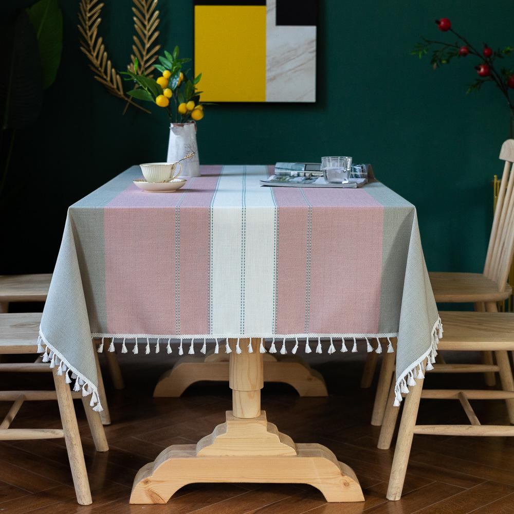 Korean Version Of Tablecloth Simple Splicing Striped Party Tassel Cotton And Linen Tablecloth Home Textile Table Cover