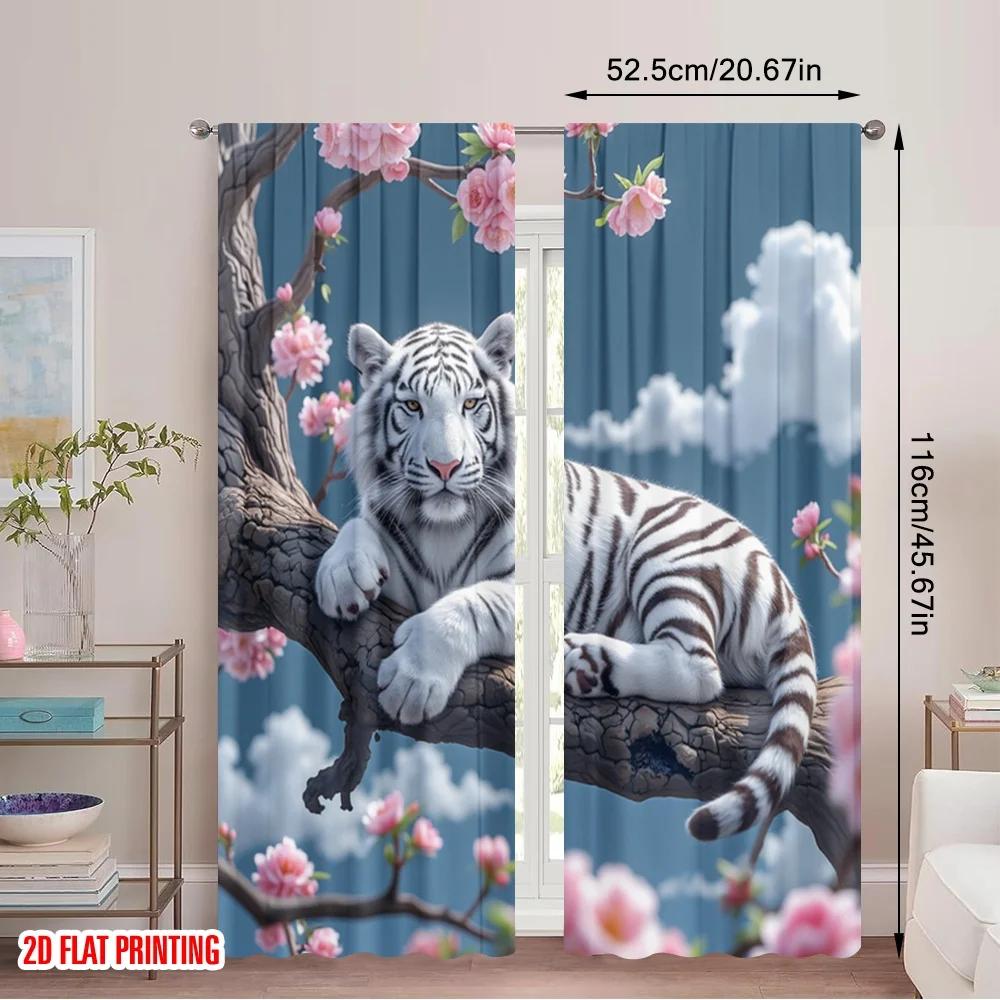 2pcs 2D Flat Printing Curtains Elegant White Tiger Polyester Without Electricity Party Decorations Use for All Occasions