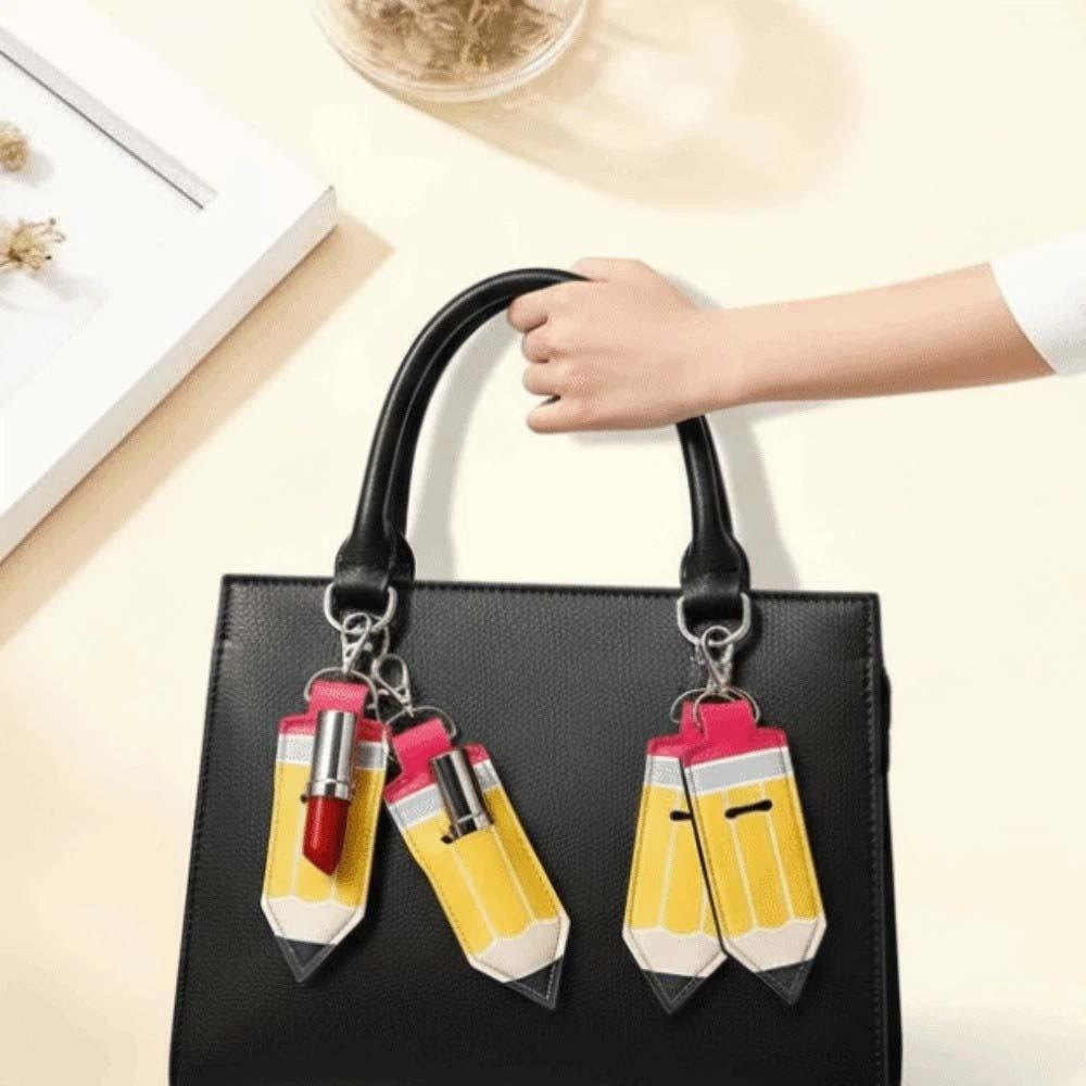 Pencil Shape Chapstick Key Chain Pouch PU Leather Pencil Shape Key Ring  Birthday Gifts