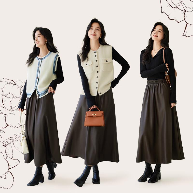 VICTORIA&VERA Retro A-Line PU Leather Midi Skirt