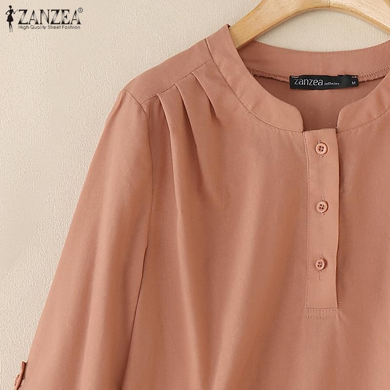 ZANZEA Blusa Casual da Donna Girocollo Regolabile Ampia Manica Lunga