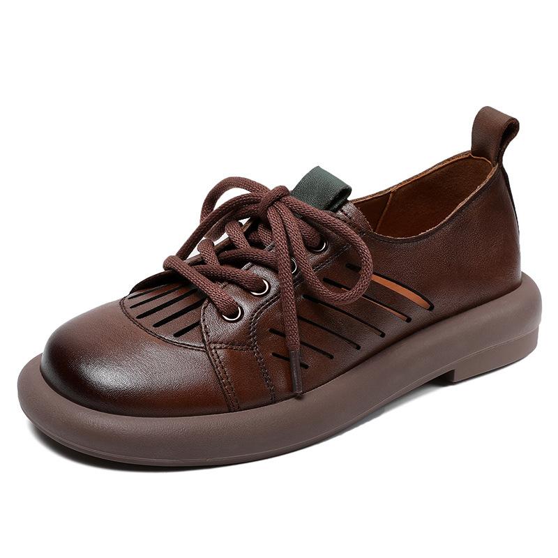 Fashion Vintage Cowhide Brown Flat Sole Women's Shoes Hollow Out Breathable Women's Shoes Summer Women's Shoes Soft and Healthy